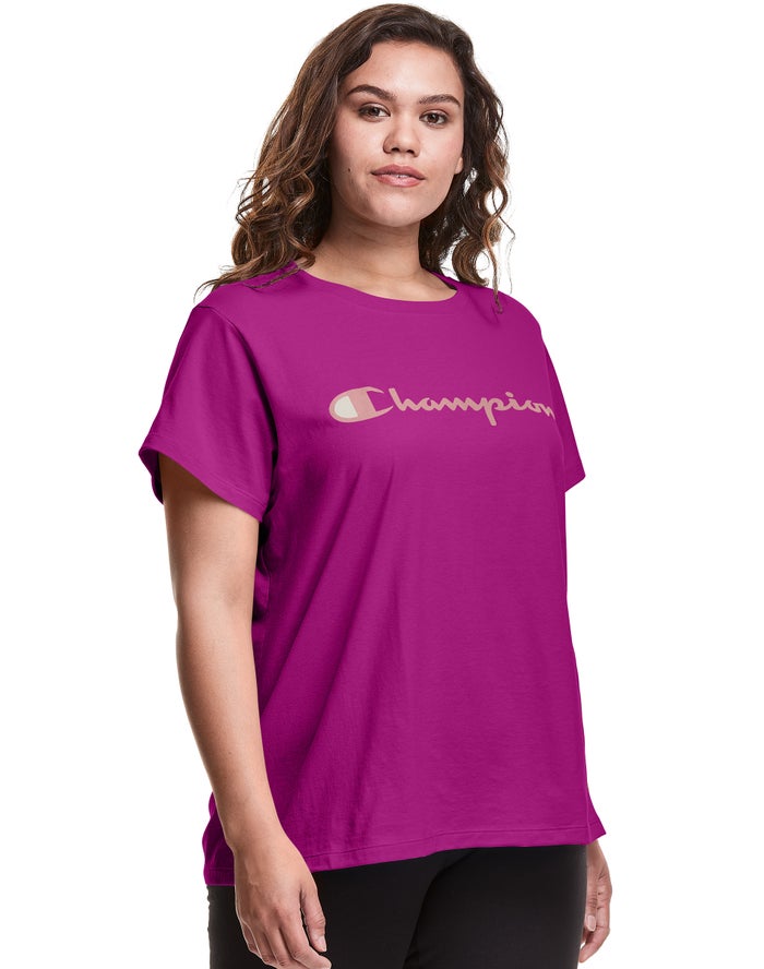 Champion Womens T-Shirt NZ - Plus Classic Script Logo Pink ( 2150-WJSBO )